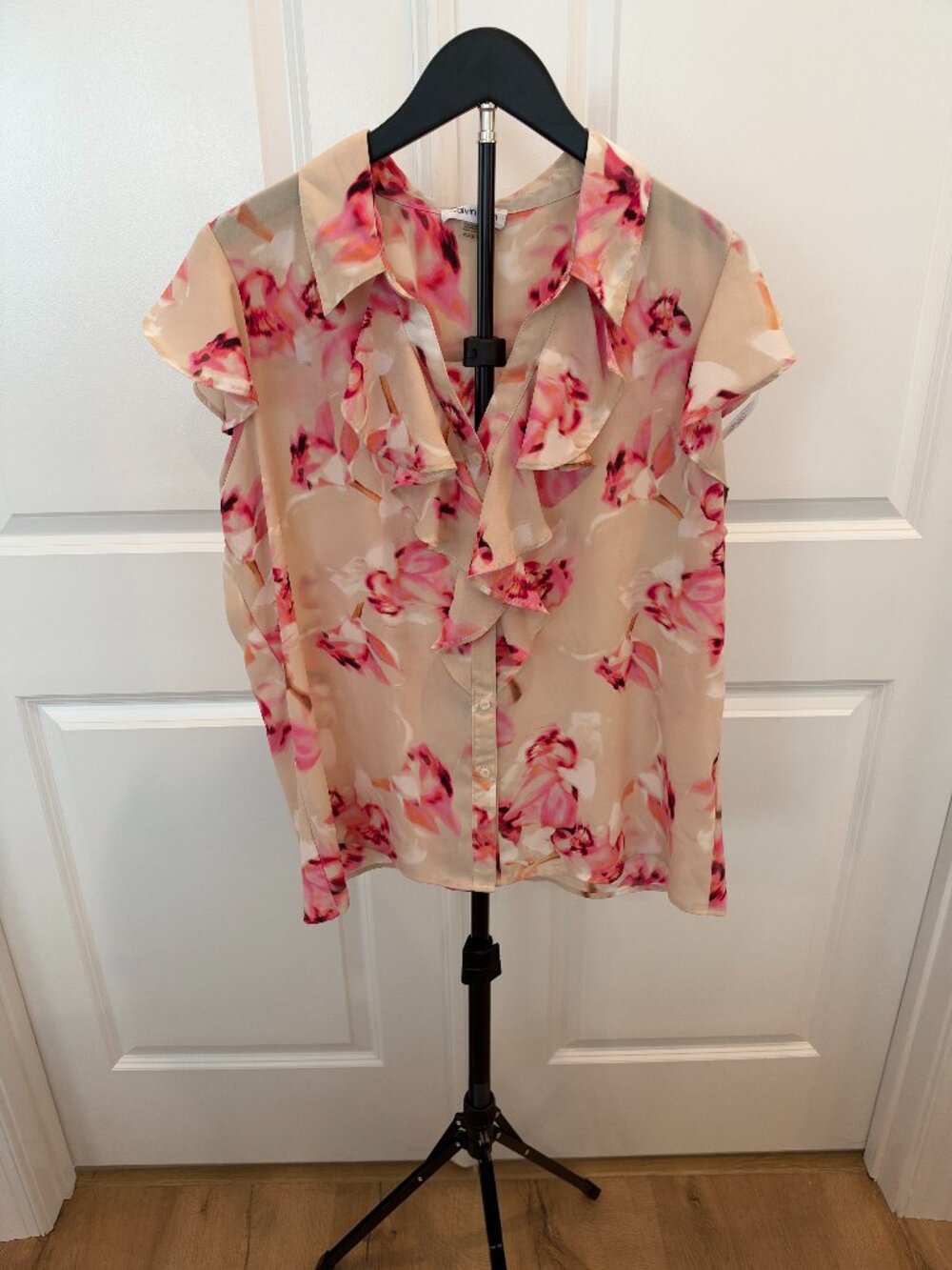 Calvin Klein Floral Ruffle Front Button Down Blouse Pink XL